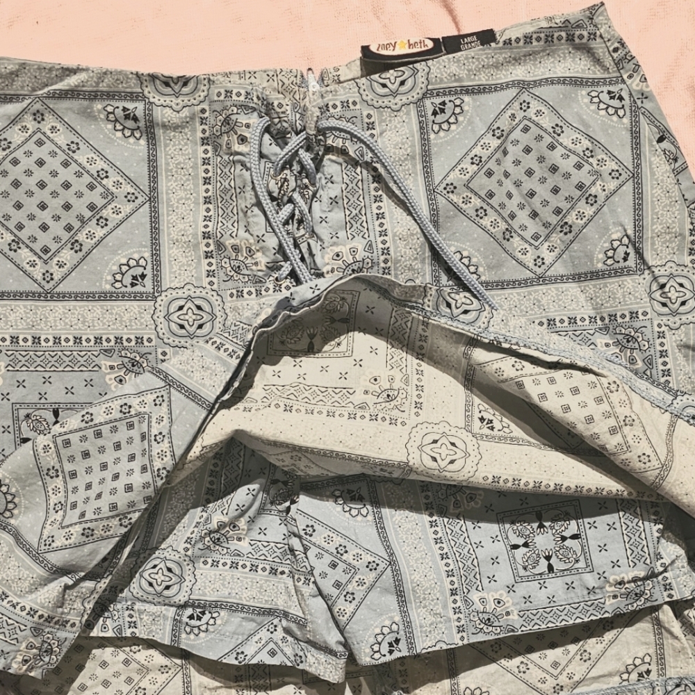 Skirt but built-in shorts, design is light blue bandana style. It's like a mini